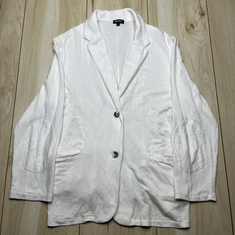 Bluesalt MALIBU Knit Blazer Women's Size 3 White Made in USA Elbow Patch Stretch